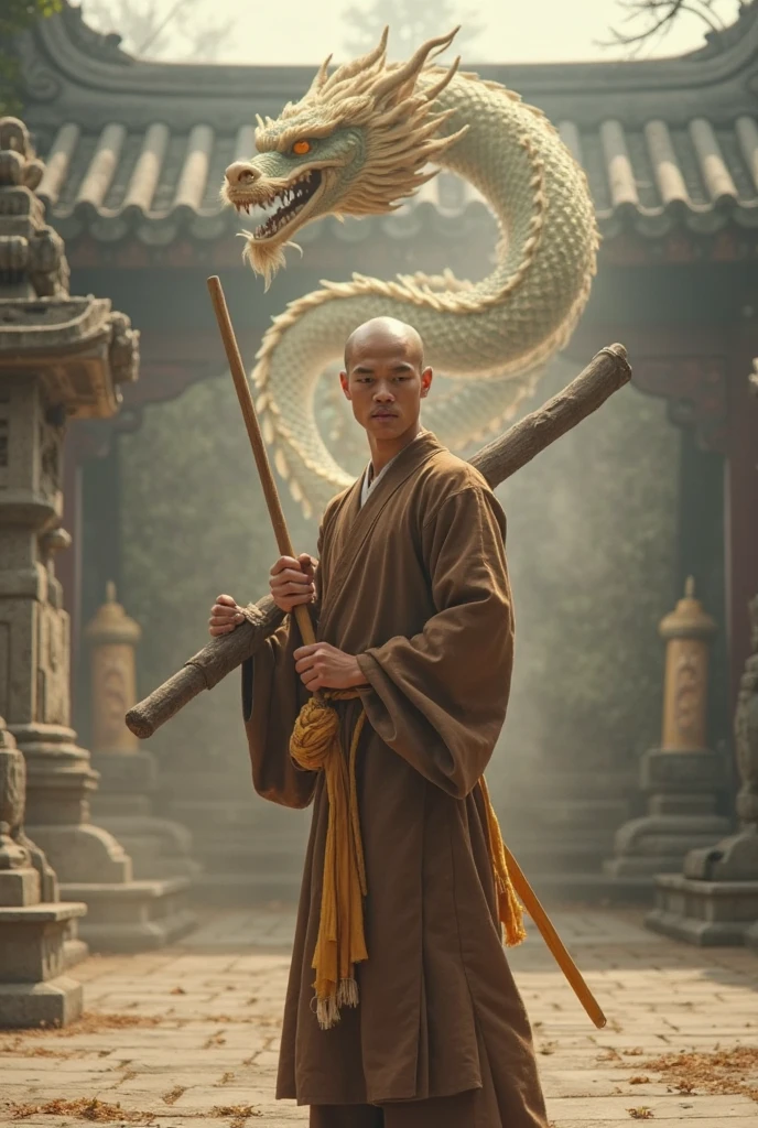 1 monk, with a staff in his hand, next to a pig, in the forest, with the title Xaolin pig killer