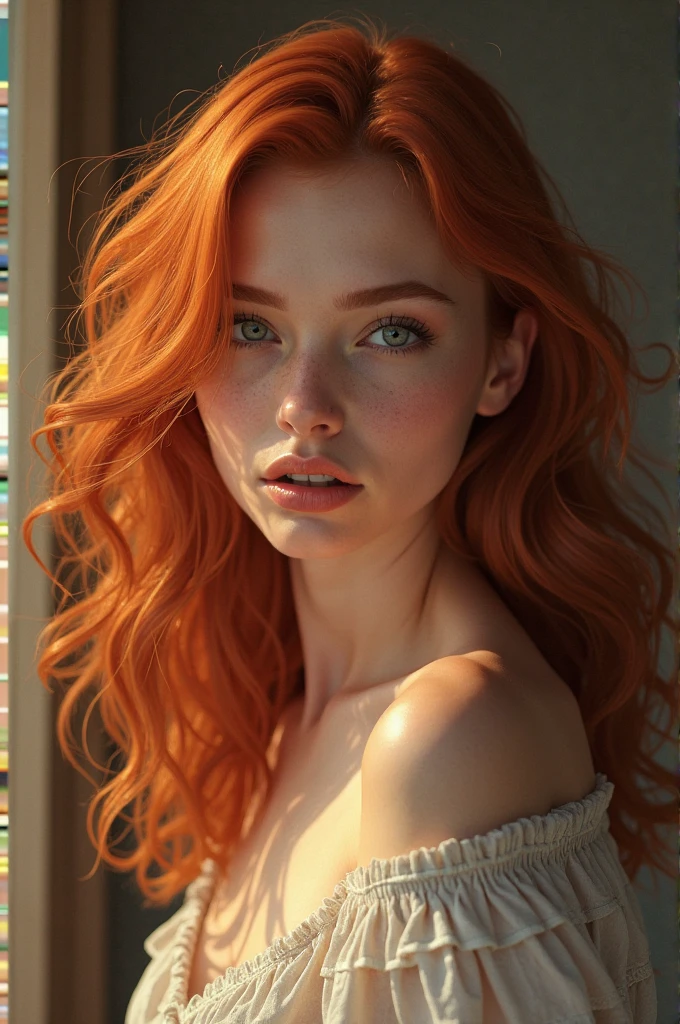 1woman , 23 years old, German girl, waist up portrait, art by Peach Momoko, digital art 8k, art by cameron gray, fantastic face, beautiful look, detailed hair, ultra focus, face illuminated, face detailed, 8k resolution, watercolor, razumov style. art by Razumov and Volegov, art by Carne Griffiths and Wadim Kashin rutkowski repin art station hyperrealism painting concept art of detailed character, 8k resolution blade runner, soft natural lighting, smooth soft skin, wearing peach over the shoulder dress, very huge breast, symmetrical, natural skin texture, soft lighting, showing her shoulders, detailed face, ginger long drill hair, bang, rosy pure skin, v-shaped slim face, rosy cheeks, cute bright smile showing her teeth, photorealism, soft pastel colors sparkling, cowboy shot, half-body shot, looking away, very sexy Mary