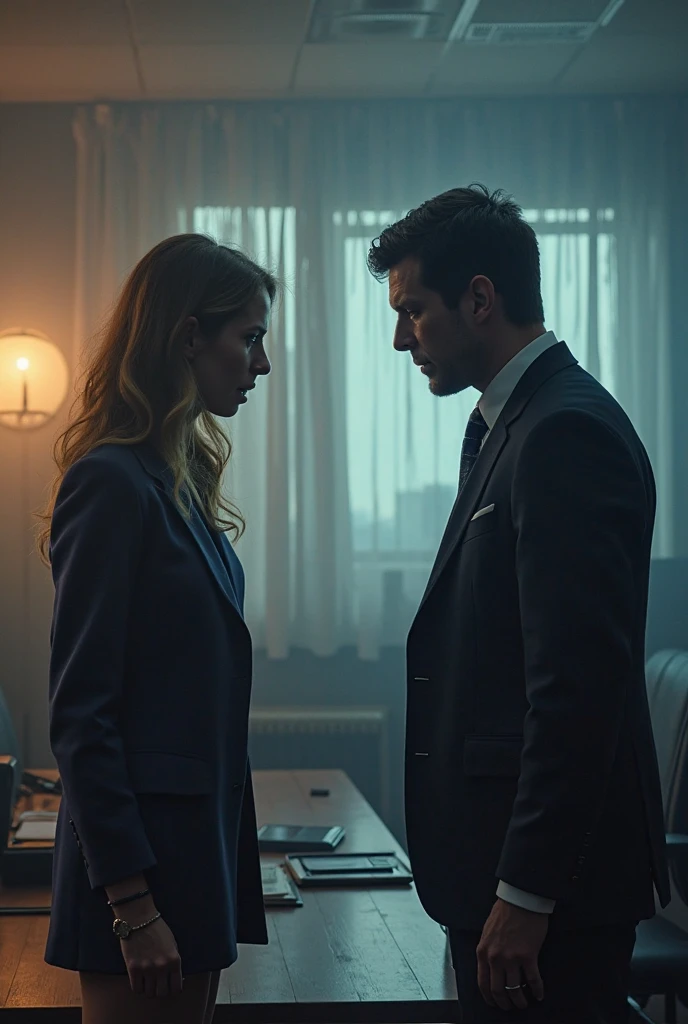 One Men in full suit yelling at one women inside home night view