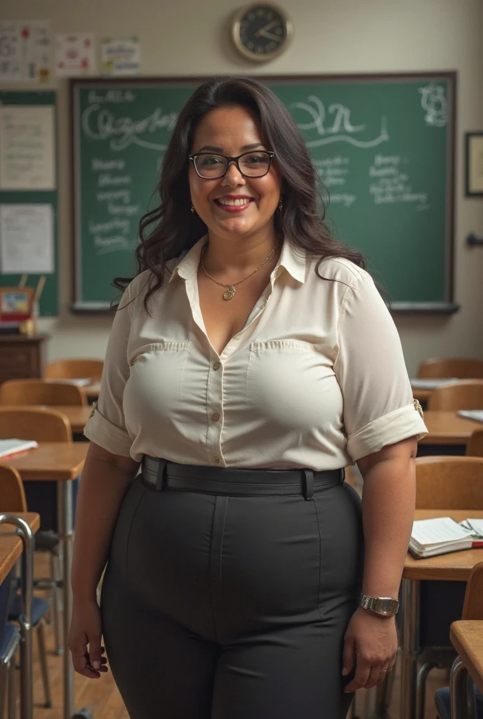 A 40 years old beautiful chubby indonesian woman with big breasts, and big belly, bob cut hair style, wear tight knee-lenght semi formal blouse with opened button, skirt, wear glasses, sexy sensual and seductive expression and pose, holding long pointer stick, in front of classroom with green board that teach sex education subject as a background, realistic photography, natural light, look at the viewer,