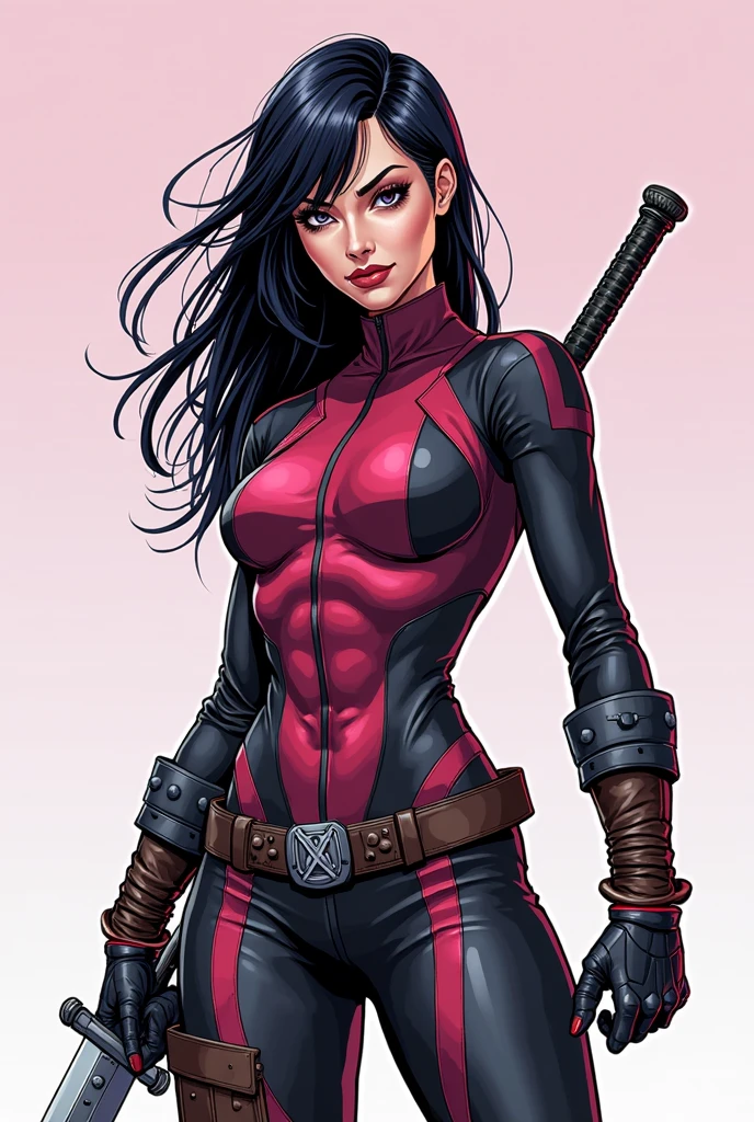 (（（Perfect body,White and tender skin,（（（BodySuit_lady_deadpool_ownwaifu，bodysuit, skin tight, superhero, Belt Pouch, utility belt, red bodysuit, gloves, weapon on back, thigh pouch, thigh strap, thigh holster, belt buckle, turtleneck, ）））,（（（ailisha，Black long hair, super long hair, slanted bangs, brown eyes, red lips））），((masterpiece)),high resolution, ((Best quality at best)),masterpiece,quality,Best quality,（（（ Exquisite facial features,Looking at the audience,There is light in the eyes,Smile））），whole body, Crouch and swing the sword, Hold the sword correctly）））,（（（Light and shadow,Huge breasts，）））,（（（Looking at the camera,White background,)））),