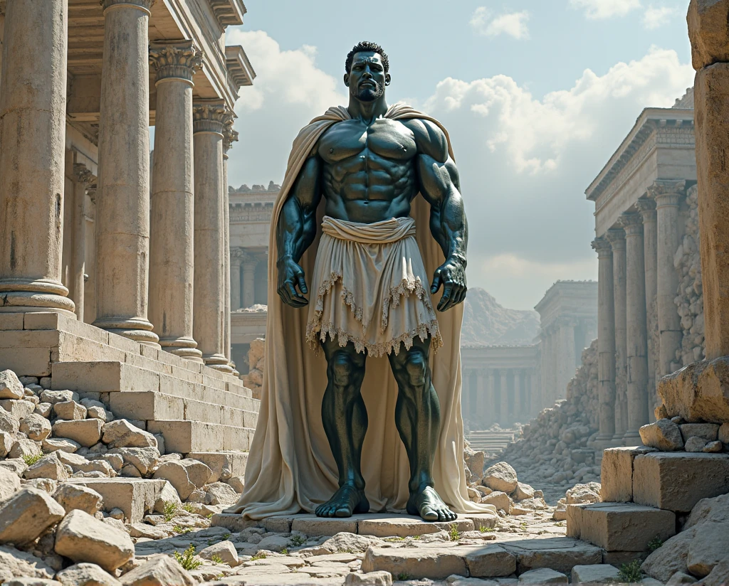(best quality,highres),realistic,greek black statue,strong ancient greek man,standing outside,Andy Greek architect Temple,night dark storming night,atmospheric lighting,monumental,strong muscles,detailed facial features,worn-out texture,fierce expression,thunder and lightning,heavy rain,majestic aura,torrential downpour,sculpted details,shadowy atmosphere,mysterious and dramatic,stormy sky,cracked pavement,wet and reflective ground,storm clouds gathering,ominous and powerful,ancient ruins,imposing presence,stoic demeanor,weathered stone,menacing storm,contrast of light and shadow,awe-inspiring,ominous silhouette,parent figure,majestic and defiant,vivid contrast of black and white,strong and determined,strong sense of history,proud and noble,mythical and timeless