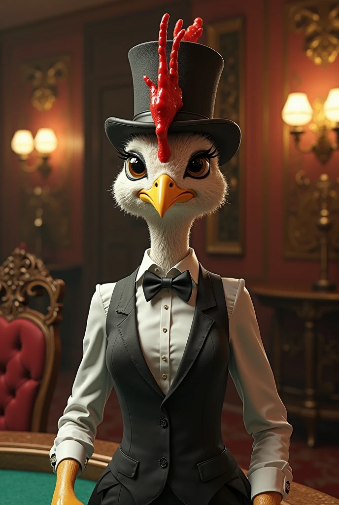 Duck in an evening dress holding a gun