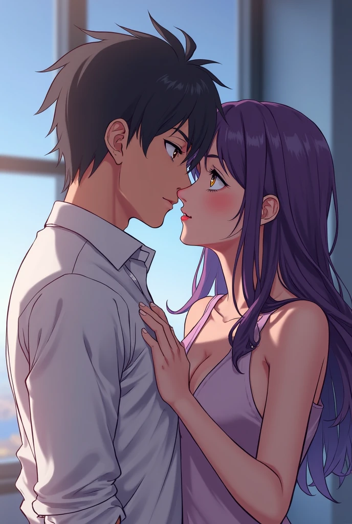 Masterpiece, best quality,Nozomi Tojo, purple hair, from side, cowboy shot,low twintails , green eyes,breasts, curvy body, closed mouth, blushing,shirt , skirt,earrings, love live style , love scene ,thicc thighs ,sea in background, sunset , hugging man,ass grab, breasts press , lipstick marks on his face , looking at each other, saliva trail