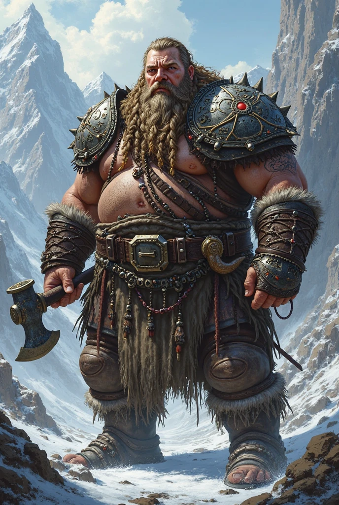 warrior, Dwarf, Gnome, beard, Brown beard, in military clothing, in chain mail, with a beard, Full-length, One dwarf, Big Beard, long beard, fur cloak, cloak, grey fur