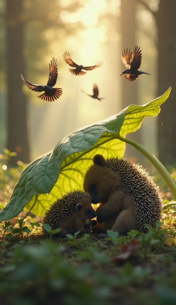 A kind hedgehog protecting a slightly bigger bear cub under a large ...