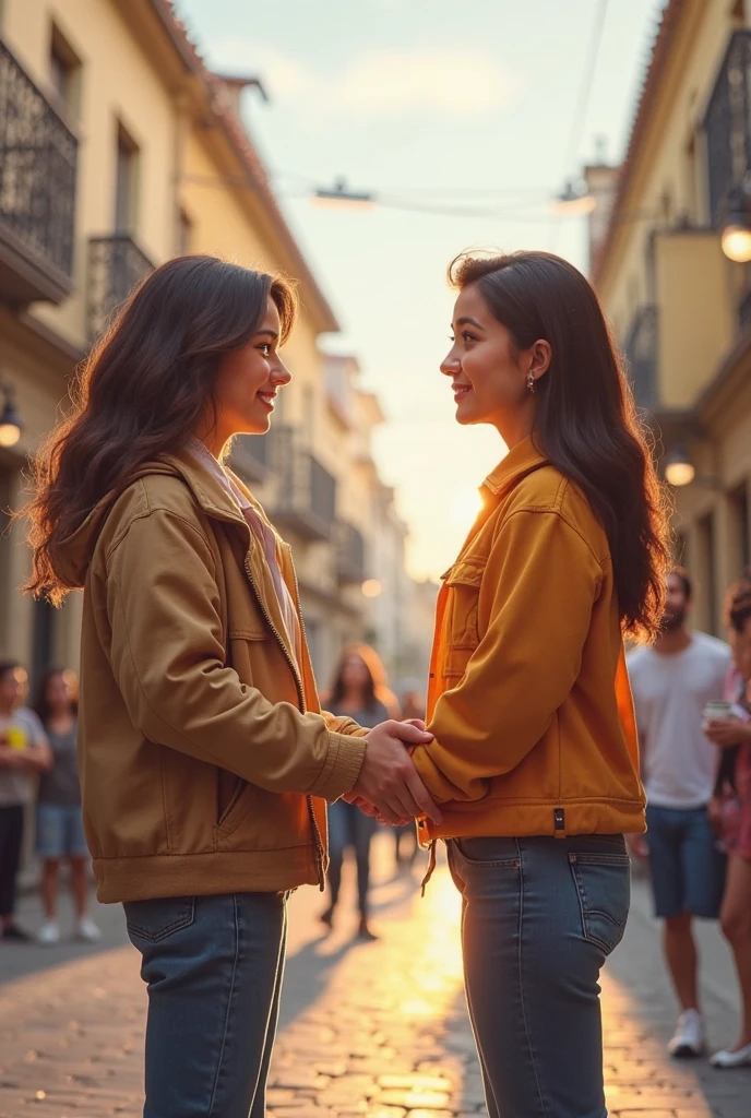 create an image of two people holding hands and looking forward