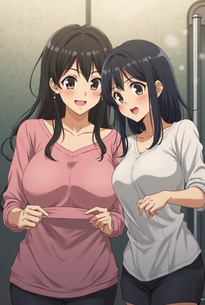 Best Quality, masutepiece, 超A high resolution, (Photorealistic: )2D official style cel animation、In front of the station、amagami　High school students、Landmine fashion、Crouching、Unbutton your shirt、pink lace brassiere、Skirt combing、Pink Lace Panties　A dark-haired　Bra comb、teats　Boobs Exposure