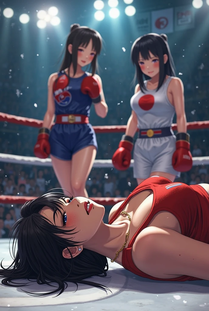 Highest quality,masterpiece,Lying down,sleep,nsfw,レスリングのリングにLying down, WWE Divas,Wrestling Arena,Wrestling ring background, Boxing ring background, 胎児の姿勢で仰向けにsleep, scratch, Bruising and bleeding, Lack of stamina, Ryona, Hitting a girl, death is near,タケユカ 超ロングヘア ヘアribbon, Frilled shirt, Underbust, ribbon, Fingerless gloves, White gloves, Waist apron, Orange Skirt, socks, Toeless legwear,winner, Nice, winner, (Moaning , Open your mouth), ((Leaning on the ground, 仰向けにsleep, 地面にsleep, lose consciousness, Unconscious, Bend your knees,please lower your arms)), (Long belly), (Clenched fist, Tilt your head),Ecstasy face,(one breast out, nipples)