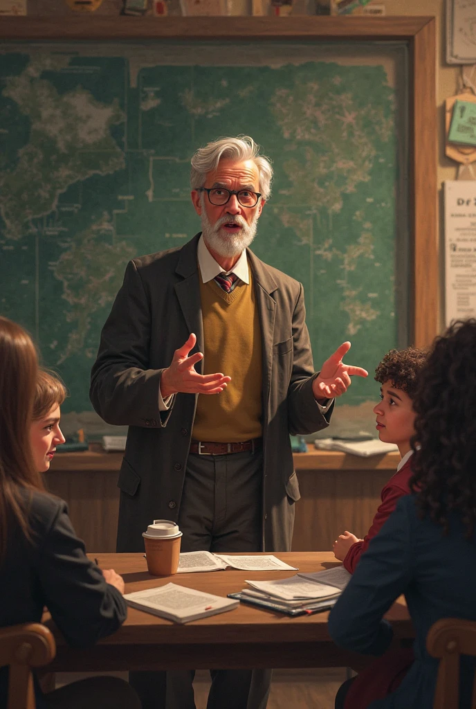 Within an eccentric Wes Anderson library, a librarian with a bowtie and a shock of turquoise hair shares fantastical stories with a group of wide-eyed children, their faces animated with fascination.