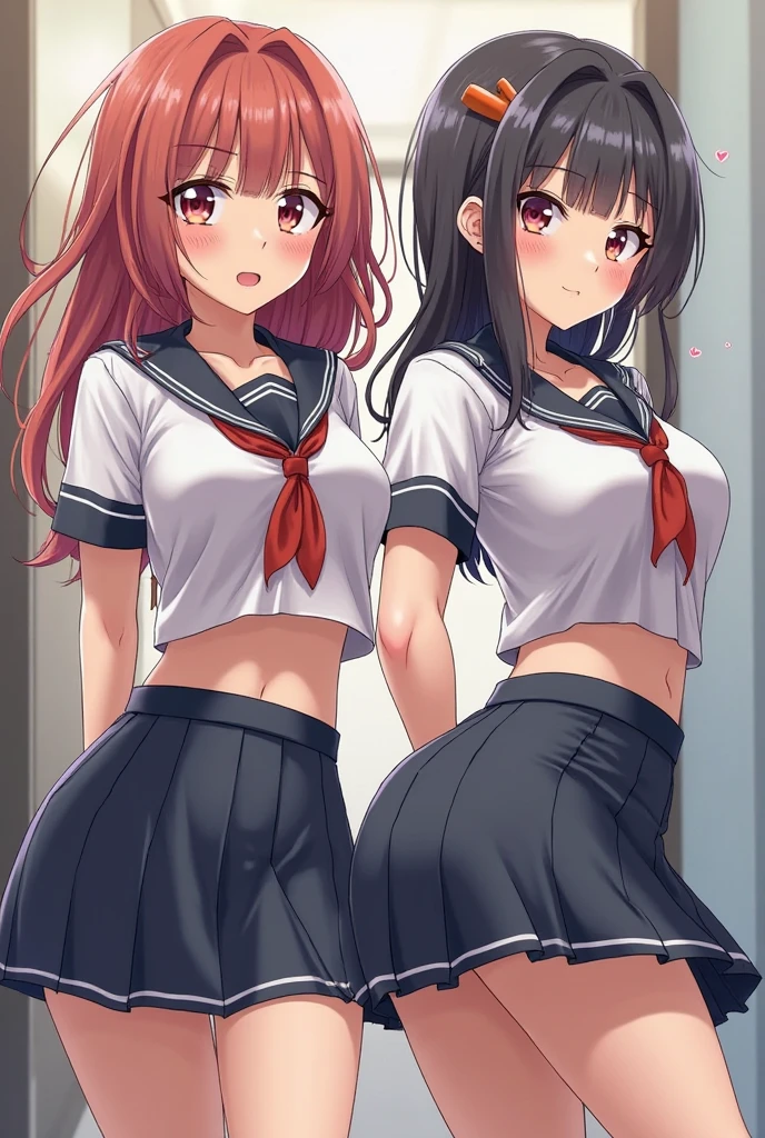 In a private school for girls, in a simple room, gray walls, the window overlooking the garden, two beautiful schoolgirls, sexy, 17 years old, kissing and having sex lying on the bed, masturbating each other touching each other's vagina under the panties, red hair, green almond eyes, white skin, athletic body, shapely legs, wide hips and small waist, extremely detailed eyes, white blouse, medium chest, schoolgirl uniform, white blouse, long sky blue skirt, white stockings with blue lines on the sides,