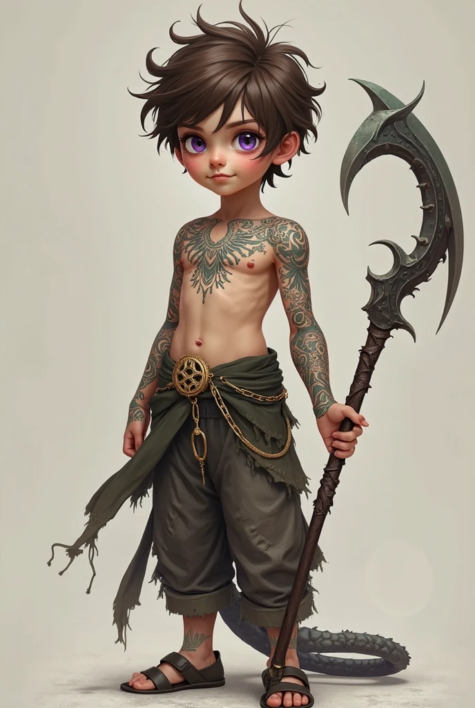 .skinny man, Youngh, medium and white hair, yellow pupils , scar on left eye, with a tattoo of a golden bird on his chest, shirtless and wearing black pants, holding a mythical in his right hand, Black boots, quality 8k.