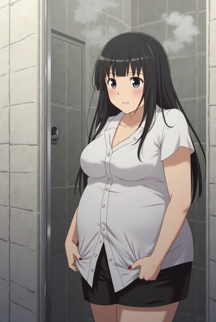 Shizuka Hiratsuka, 1girl, ((pregnant)) solo, ((white shirt)), black thighhighs, breasts, cleavage, uniform, office background, black skirt, pleated skirt, office, hair between eyes, large breasts, long hair, looking at viewer, black hair, solo, thighhighs, thighs, long hair, ((masterpiece)), sitting, bedroom, bed, window, pillow, blush, sexy pose, smile,