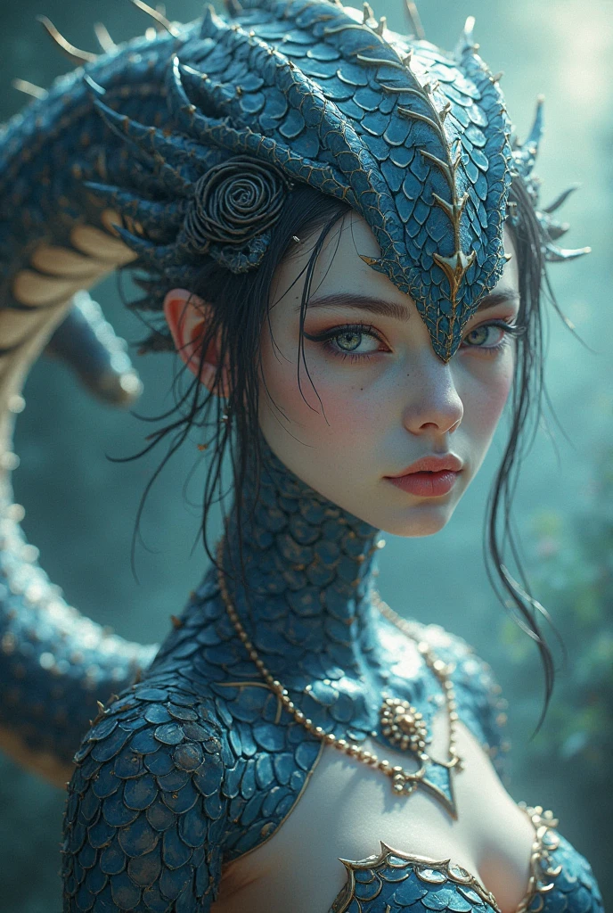 Full body shot, ((masterpiece))), (((best quality))), ((ultra-detailed)), (hyperrealistic), (highly detailed CG illustration), ((an extremely delicate and beautiful)),cinematic light, Create a stunning anime artwork that is currently trending on ArtStation, showcasing exquisite beauty and captivating aesthetics. 
The character in the artwork is a graceful and enchanting figure, young, radiating an aura of elegance. Pay close attention to intricate facial features, such as mesmerizing eyes with vibrant colors and delicate shading.  Hair (((Light brown hair, long free flowing hair, floating in the air, wrapped around her))).
The character's clothing should be designed with elaborate patterns, flowing see-through fabrics, and rich textures, reflecting a blend of fantasy and contemporary fashion.  transparent clothing, bare chest, cleavage, bare stomach, bare shoulders. turquoise, black and orange colour scheme. 
Place the character in a captivating ethereal environment that enhances the overall appeal of the artwork.  a mystical realm filled with magical elements. Incorporate vibrant colors, dynamic lighting, and detailed background elements to create a sense of depth and immersion. action pose. growling face.
Consider the latest trends in anime art, such as incorporating unique lighting effects, exploring creative composition techniques, or experimenting with unconventional color palettes. A dragon circles behind her
Take inspiration from the top artists on ArtStation and their exceptional execution of various art styles and themes. Camera: Choose an angle that highlights the character's beauty and the immersive environment. Lighting: Utilize atmospheric lighting techniques to create depth and mood. Resolution: Aim for a high-resolution artwork to showcase intricate details and clarity. Art Inspirations: Seek inspiration from the trending artists on ArtStation, exploring different styles, genres, and themes.