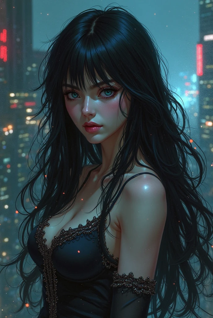ruined city, destroyed city, walking, night, moonlight, starlight, magic, lingerie, pubic_tattoo, crying, blushing, fear_of_face, perfect_quality, perfect_anatomy, perfect_body, 16k, full_body, long_black_hair, beautiful_hair, yellow_eyes, beautiful_eyes, 1_beautiful_girl, pretty_face, beautiful_face, beautiful, best_quality, good_anatomy, art inspired by Bill Sienkiewicz
