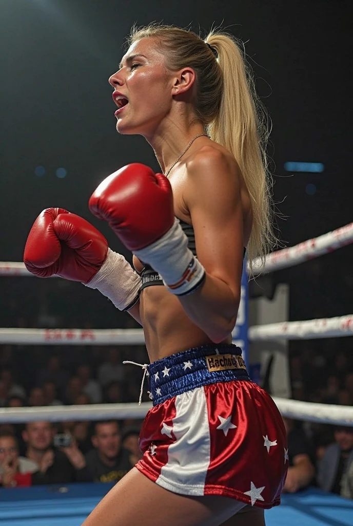 Gorgeous and stunning German blonde girl, cobalt-blue boxing shorts, blue eyes, straight blonde hair, boxing gloves, intimidating pose in a boxing ring,
