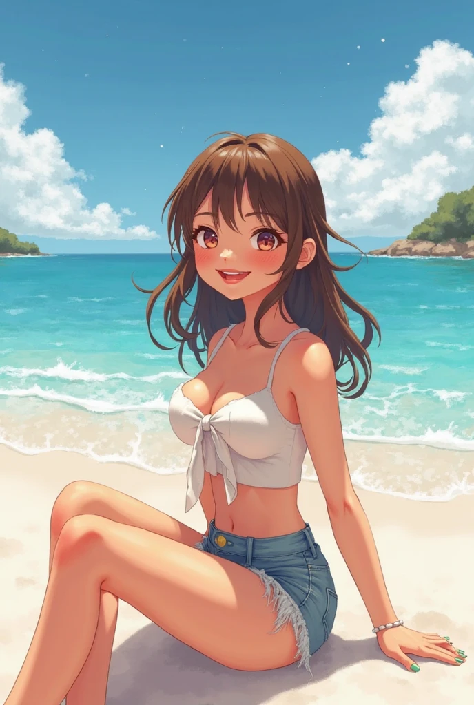Brazilian, 20 years old, brunette, straight hair, happy, in a kiosk on the beach in Copacabana, in shorts