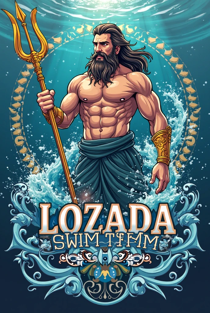 Create a brand logo where you will write ONDA AZUL in front and you will put POSEIDON and IARA, place the name centered, I need the drawings of the two in the middle, make it in a circle shape 