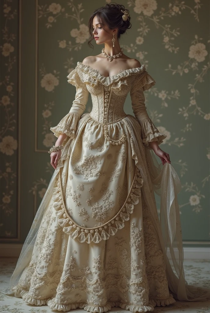 Dressed in a magnificent Victorian gown, every lace and ribbon detail highlights her timeless beauty, adding a touch of elegance and refinement to her presence. The ultra-realistic quality of the image, captured in 8k HD, allows you to appreciate every fold of the dress, every shadow and every ray of light that illuminates this dreamlike setting. This snapshot not only captivates with her beauty, but also transports the viewer to a world of mystery and splendor, where the model reigns as a true goddess of Victorian elegance.