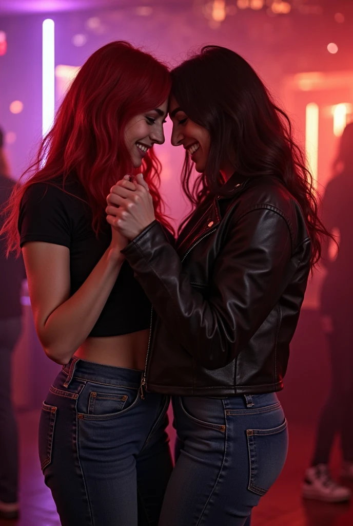best resolution, 2 heads, Caucasian woman with two heads and white skin, kissing each other, laugh, glass, red dyed hair, straight hair, black eyeliner, 21 years old, young, Wearing a shirt and jeans, full body shot, Temptation,