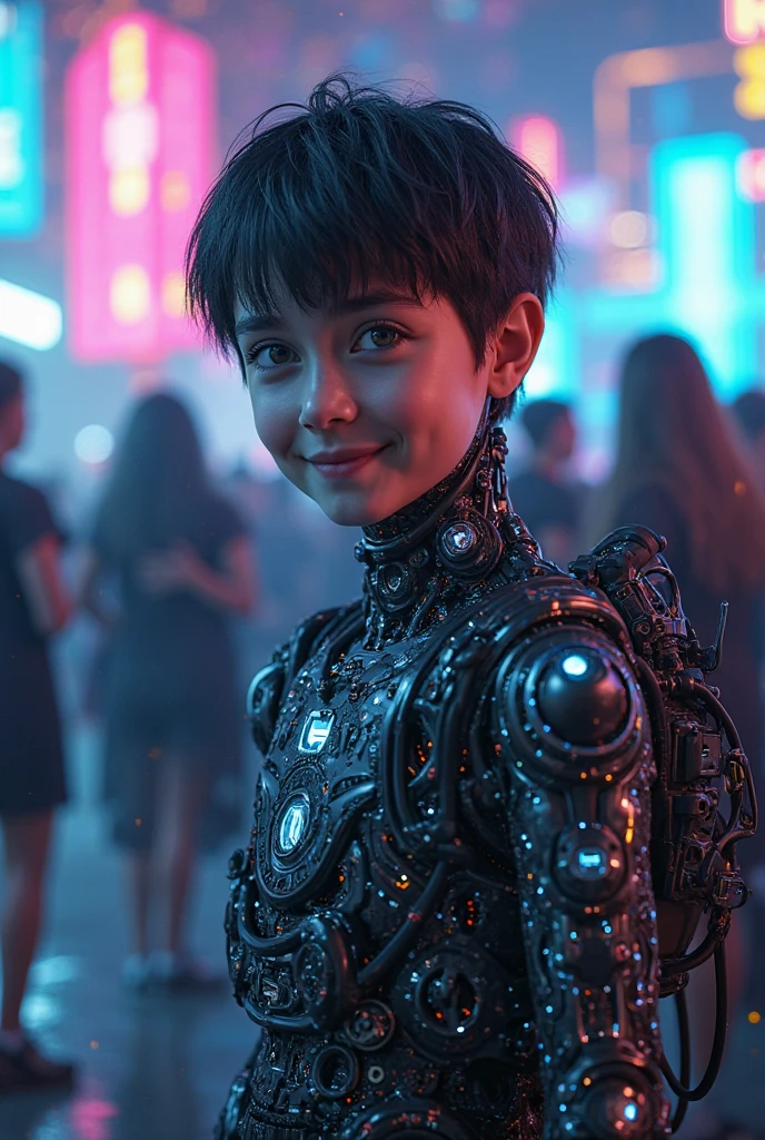 (Richly decorated with intricate carvings, colorful mosaics, and reflective mirror work:1.3), (A energetic, intricately designed child robotic boy:1.4), (his form a harmonious blend of advanced mechanics and artistry, featuring a polished metallic finish with elegant, fluid lines), (captivating, lifelike features gently illuminated by internal light sources, creating a mesmerizing, ethereal appearance) (with expressive Sectoral Heterochromia eyes, wires showing, wearing Sequin top with black skinny jeans:1.2), (Aggressive Inline Skating:1.3), UHD, 4k, anime, highly detailed face, (<lora:KawaiiTechXL-0000016:0.8> kawaiitech, img:1.3), cinematic, hyper realistic
