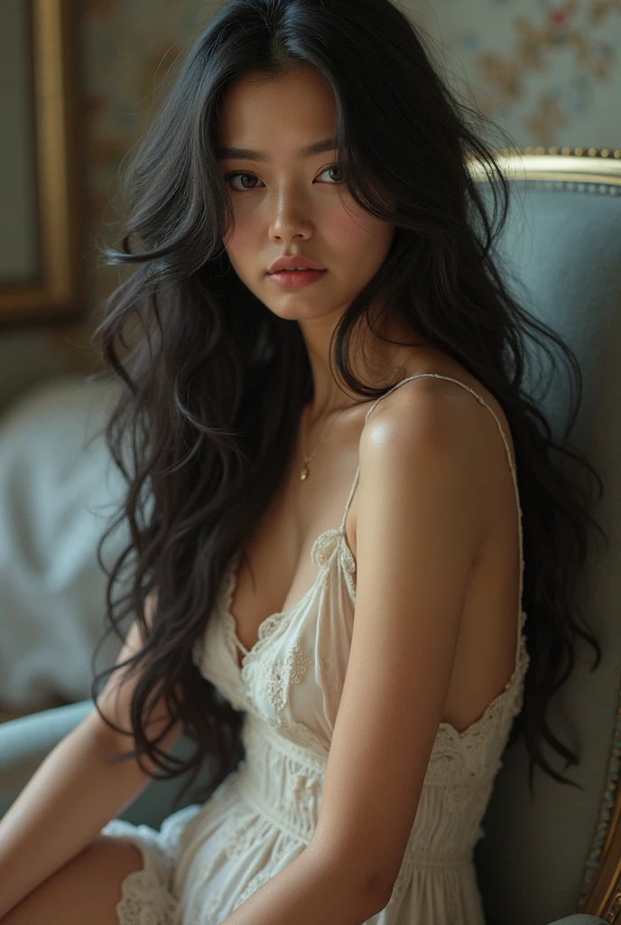 (best quality, masterpiece:1.2), 18yo girl, wearing lace nightgown, lying in bed, morning light, realistic face, perfect body, good anatomy, perfect face, curly long hair, black hair, photorealism, hyper-detailed, high quality, posing for photo, sexy