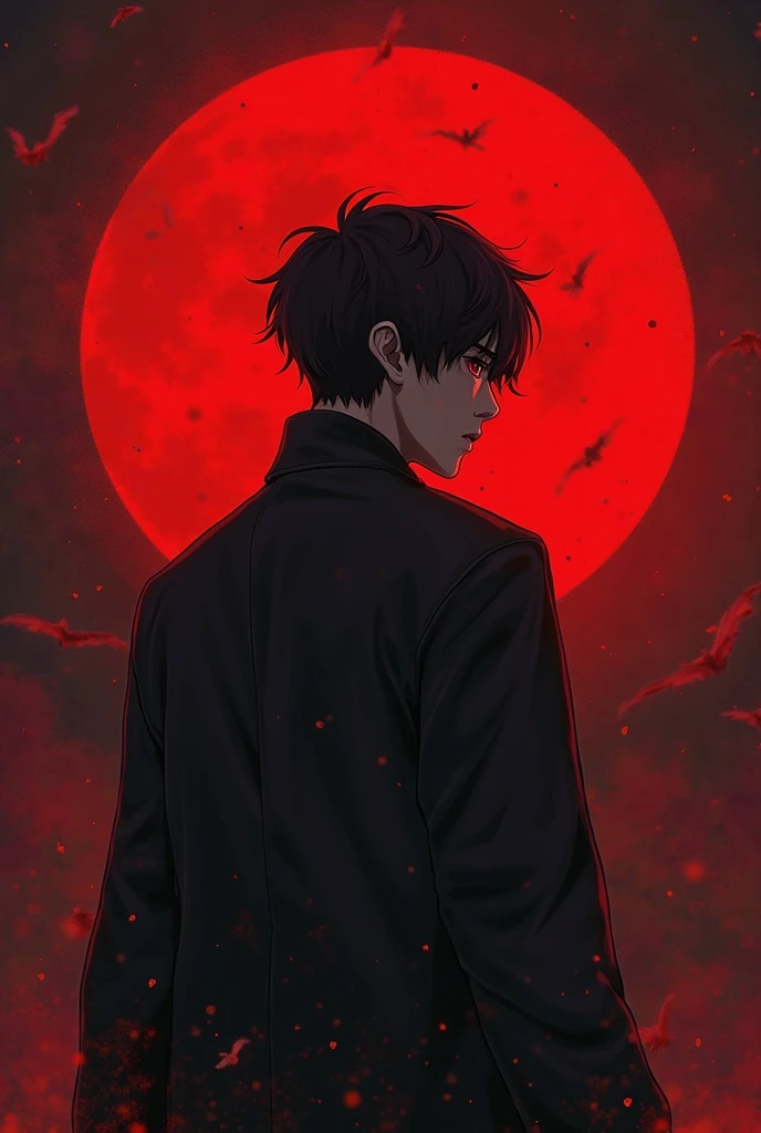 An anime a boy sit in like a killer background full moon dark red night bloody and handsome face guy age 22 ( his back side text dev a mystery life