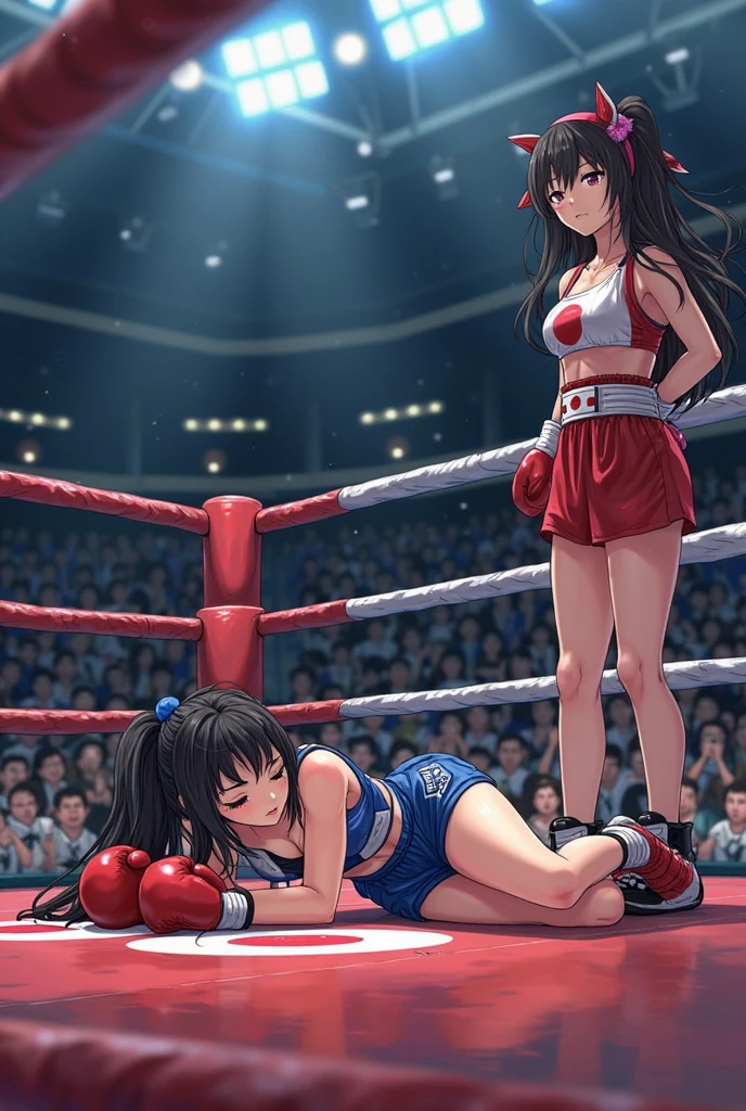 A fierce exchange of punches and kicks. they are beating each other so hard. bloody beautiful Japanese female fighters are fighting in the octagon. life or death struggle. survival battle. dynamic exciting action in the octagon fighting ring. whole body picture. they are covered in scars and bruises. they are damaged terribry. Short-cut black hair, out of breath, drooling from mouth, one eye is closed, exhausted, drenched in sweat. Erect nipples. open finger glove. Ragged white and pink lined sports bra, high leg panty, Stockings. armwarmers. small breasts, armwarmers. Whittled waistline, muscular, sixpack abs