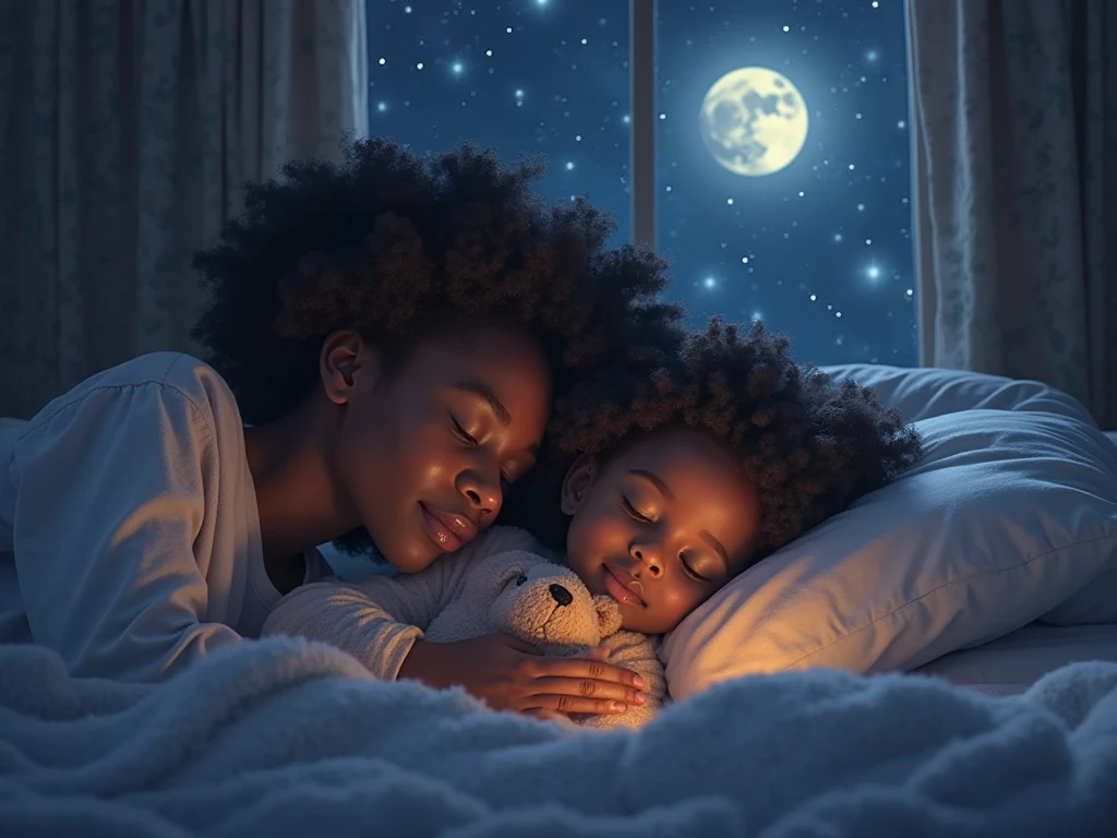 A beautiful African fair in complexion teenage girl with long curly ponytail full hair wearing an ash colored pyjamas, standing by the window and looking at the moon with tears in her eyes in her room crying. Another light skinned African girl sitting on the bed in her room, looking at her,wondering why she is crying. Outside environment dark as night realistic paint