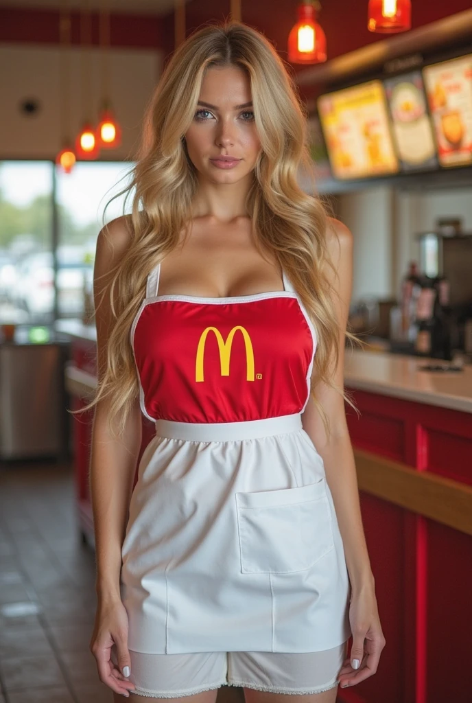 Alexandra Daddario as a fast food worker, fast food restaurant, fast food counter, sexy fast food apron, sexy fast food uniform, cleavage, french fries, hamburger, cheeseburger, soda, milkshake, cashier, order taking, cooking, serving, smiling, friendly expression, dynamic pose, bright lighting, warm colors, photorealistic, (best quality,4k,8k,highres,masterpiece:1.2),ultra-detailed,(realistic,photorealistic,photo-realistic:1.37)