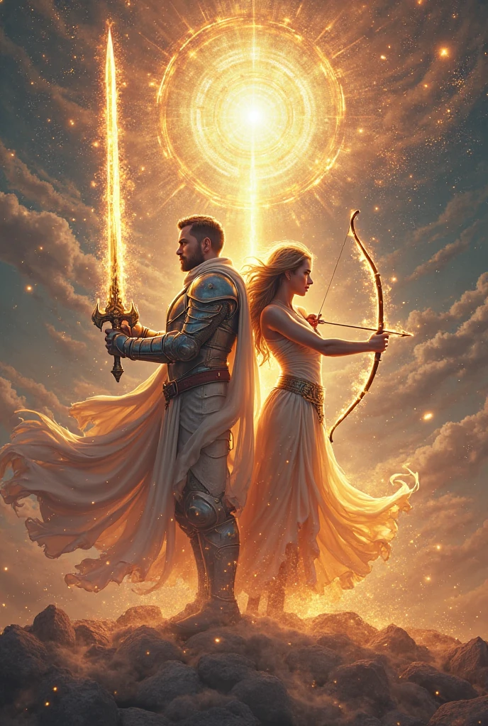 A Sagittarius character in a dynamic conversation or debate, with expressive gestures and a determined expression. The scene should have celestial symbols and dynamic lighting to emphasize the intensity of their convictions and the need for perspective. --ar 16:9