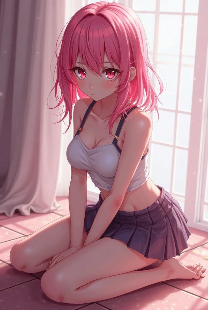 ((Masterpiece, best-quality, ultra detailed, good eyes)), male, femboy, cute, short, wide hips, Astolfo, T-shirt, (long pink hair), wide hips, plump soft thighs, flat chest, outside, skirt, white thigh-high socks with pink stripes
