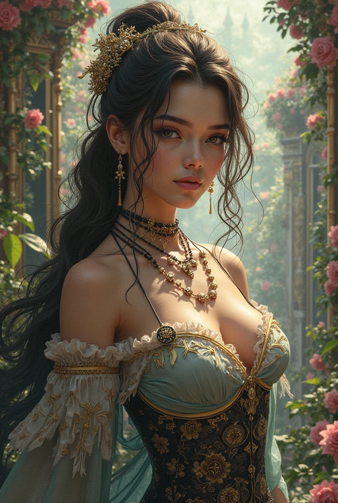 hot girl in fairytale dress,dark hair,sexy look