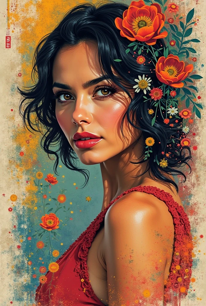 work of art, initial art with red carnation flower, rich and colorful splash art, to tear down, tropical fruits, magical, Stylized abstract portrait of a beautiful girl，Street graffiti, White background