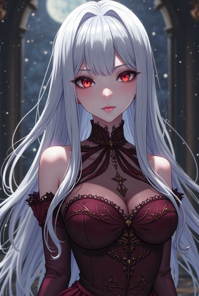 handsome girl,red-eyes,red pupils,Long white hair,Hyperresolution,accuracy,Detailed rendering,(Subtle facial image)(Image of fine hair)(topquality)(Masterpieces of masters)(High degree of completeness)(A sense of atmosphere)tmasterpiece,Super detailed and super detailed(half-body portrait)in a purple velvet dress, on her head is a wreath of purple flowers