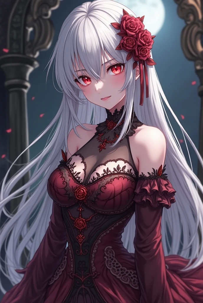 Absurdres, high_quality, best_quality, White_skin, white_hair, long_hair, (messy_hair), (((succubus))), (((white horns))), (((white demon wings))), (((white demon tail))), red_eyes, looking_at_viewer, roses, many roses, succubus, elegant, beautiful, gorgeous, large_breasts, ponytail, (((roses on hair))), smile, seductive, red_gown, (((two arms)))