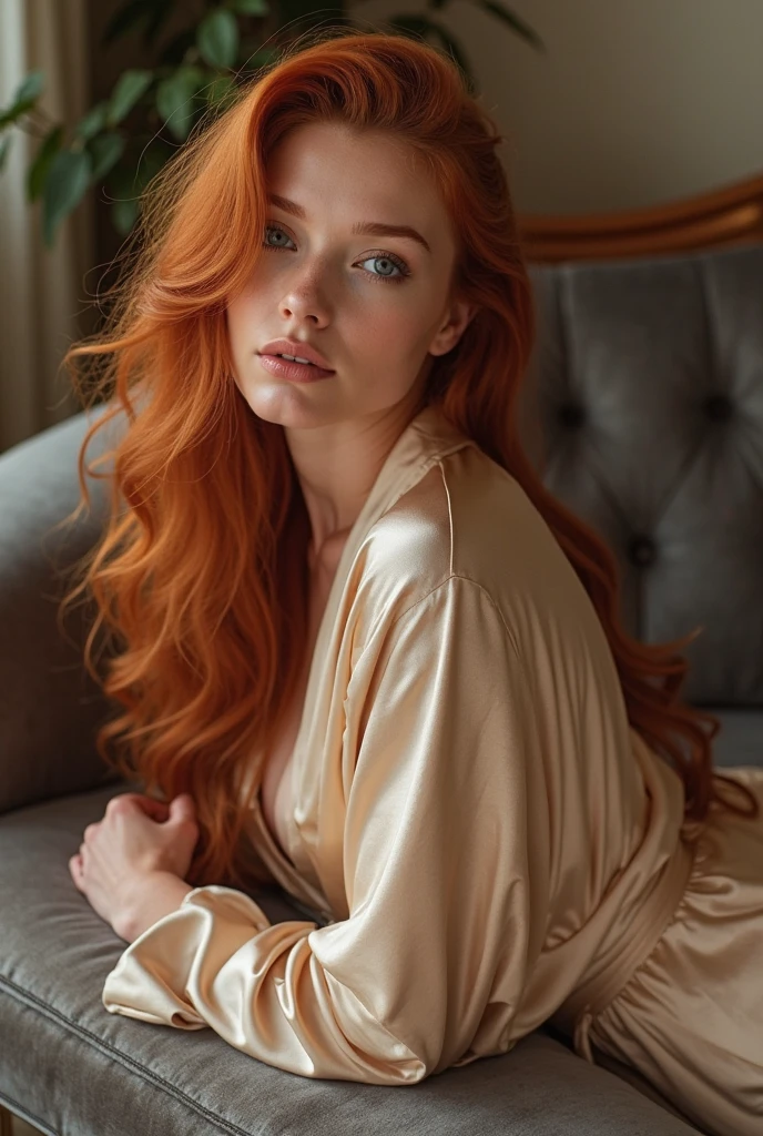 You saw by accident a very beautiful and slutty redhead in sexy pajamas, in the bathroom with the door open