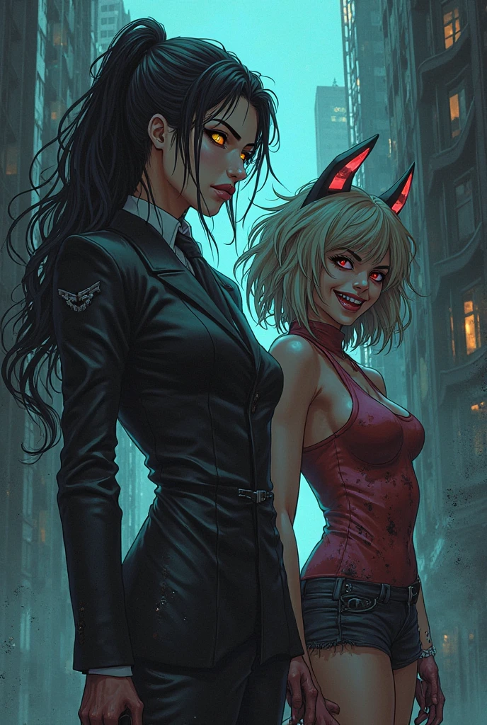 /imagine prompt: An image featuring two characters on a rooftop at night in New York City. The first character is a demon hunter with long wavy black hair, gray eyes, black lips, wearing a black biker jacket, a tight black and white striped top, a skirt, and long boots in a 1950s rockabilly style. The second character is a young blonde witch with semi-long wavy hair and blue eyes, dressed in witch attire in black and purple tones. Both characters are depicted realistically against the urban backdrop of the New York City skyline at night, Illustration, capturing the demon hunter and witch duo in a detailed and lifelike rooftop scene, blending elements of rockabilly and witchcraft in a modern urban setting, --ar 16:9 --v 5