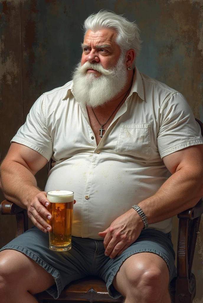 Generate an image of a 45 year old, baldie, beard, hairy chest, in shorts, body soaking wet, near a swimming pool, with friends at the barbecue, put a drink in your hand and smile.