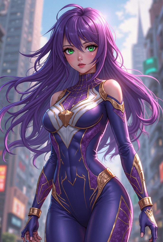 a girl in a hero costume, long flowing purple hair, purple-pink eyes, futuristic tight suit, dark purple and black suit, girl smiling, academy in the background, field for training heroes, other classmates in the background, MHA, beautiful cheerful girl, gold hairpins in her hair, wavy silky hair, pale porcelain skin, (best quality,4k,8k,highres,masterpiece:1.2),ultra-detailed,(realistic,photorealistic,photo-realistic:1.37),intricate details,cinematic lighting,vibrant colors,dynamic composition,dramatic shadows,volumetric fog,ornate ornaments,glowing energy effects,advanced. The girl is calm. Full-length. High detail. Well-developed detailing of the face. Attention to detail. Very beautiful girl. Slender figure. Hair is gathered into a neat bun at the back of the head, with gold hairpins.Adult girl. Hair gathered in a bun at the back of the head. Gathered hair. Full-length. (Do not emphasize the chest) The tits is medium. Not a baby face