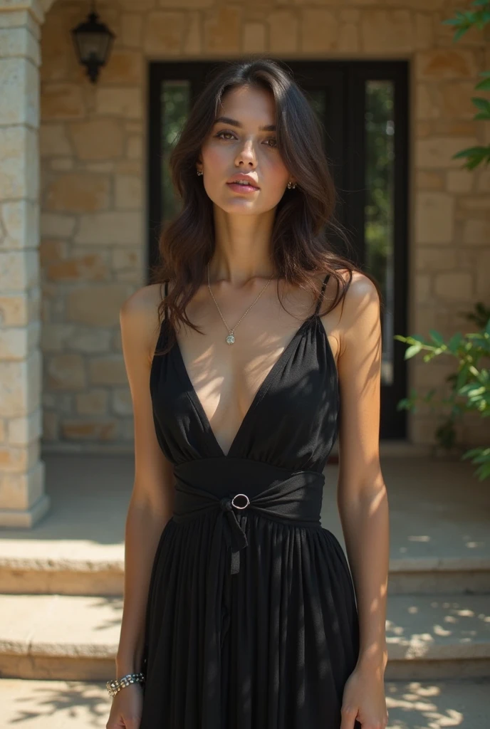Create an image of a woman in her mid-30s with shoulder-length wavy brown hair and warm hazel eyes. She has fair skin with a natural glow and a soft smile. She is wearing a fitted black dress with a modest neckline and knee-length hem, paired with elegant heels. Her accessories include a delicate necklace, small hoop earrings, and a simple bracelet. She stands tall with a confident and poised demeanor, exuding elegance and timeless beauty. The background is simple and elegant with soft lighting. Ensure her hands are not in sight.