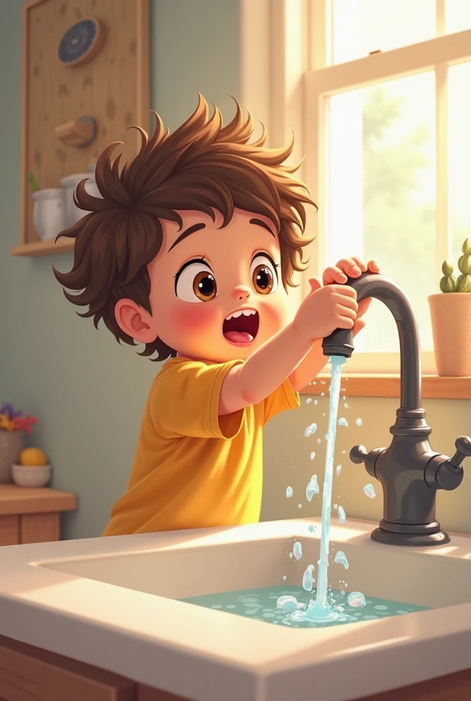 A skinny boy , short. Blue pants dress and blue shirt , with little hair and light brown color , honey-colored eyes and long eyelashes , listening to music with red headphones , washing the dishes