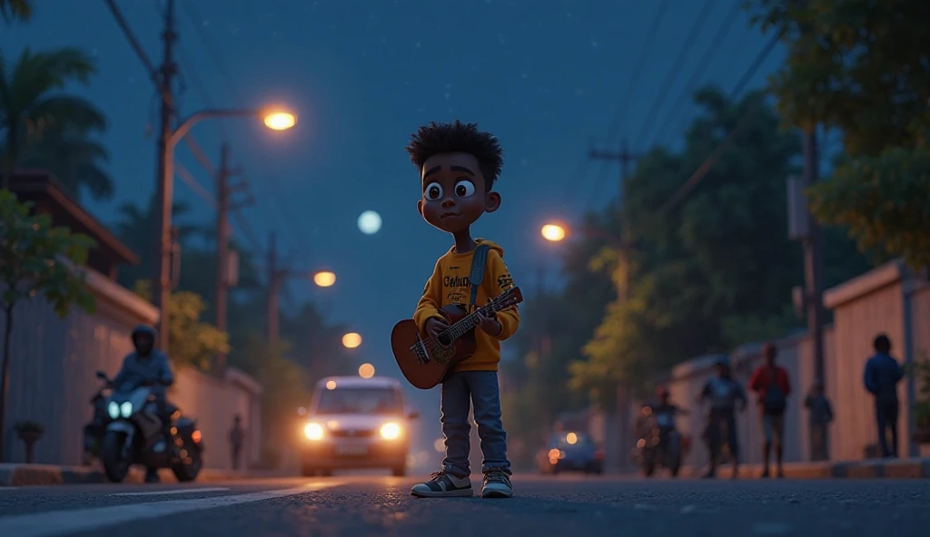 ( male character) from a young boy's animated movie in the Disney Pixar style, high qualiy, best qualityer , beautiful face brown skin, short straight hair , beautiful eyebrow , wears black shirt , wears a backwards cap, is messing with her smartphone, walking down a dirt road in the countryside