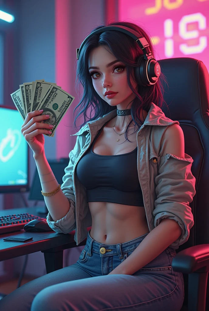 Mulher, sexy, bespectacled, pouca roupa, Listening to music, segurando um cigarro, no uma bolsa com ouro e joias, mega realista, 8k, angle seen from above, lots of marijuana and bills of money on the floor, jewelry on the floor