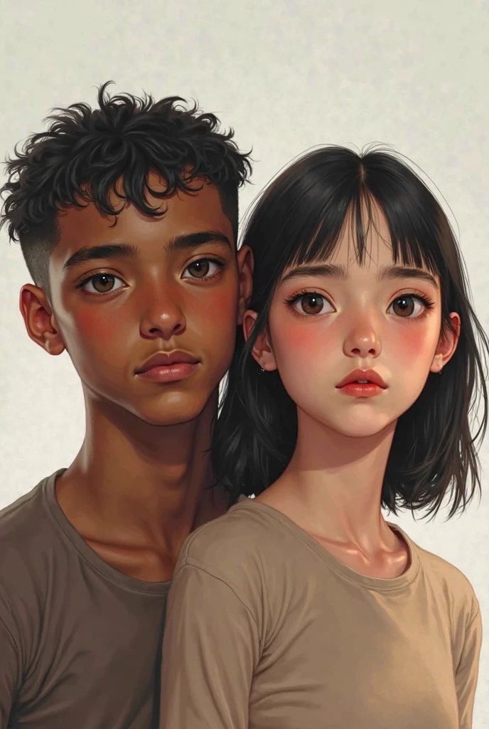 
Create a graph of the two siblings: a tall, thin 30-year-old man and his 18-year-old sister with a brow and a shy expression, dark skin and straight hair.. realistic image. The brother takes a protective stance