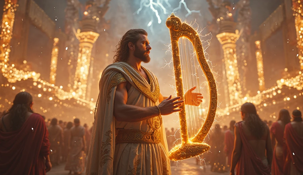 Orpheus walking through the underworld, holding a lyre, as he looks back and sees Eurydice fading into the darkness.