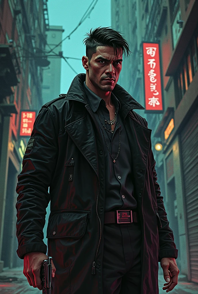 Create a masterpiece with the perfect face (Keanu Reeves: 2, 3) in a jown wick scene, showing an incredibly muscular and handsome character bathed in cinematic light. This highly detailed CG illustration captures the essence of (Keanu Reeves as a mechanical monkey), standing erect with his upper torso of male flesh connected by wires and tubes. The machine-made joints and mechanical limbs add a sci-fi feel, with blood vessels intricately connected to tubes. Mechanical vertebrae attach to the back, while a mechanical cervical piece attaches to the neck. The character's head has realistic hair and the figure stands confidently, with wires and cables coming out of the neck and head. This background-focused, extremely detailed and colorful artwork of a cyberpunk workshop incorporates the highest level of detail, with the character's costume reminiscent of Blade Runner. This scene resembles a still image from an epic cinematic masterpiece.