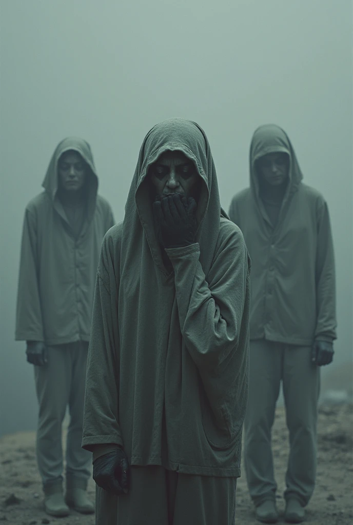 Ghosts wearing different modern and casual outfits each and posing as models in a cool and spooky environment