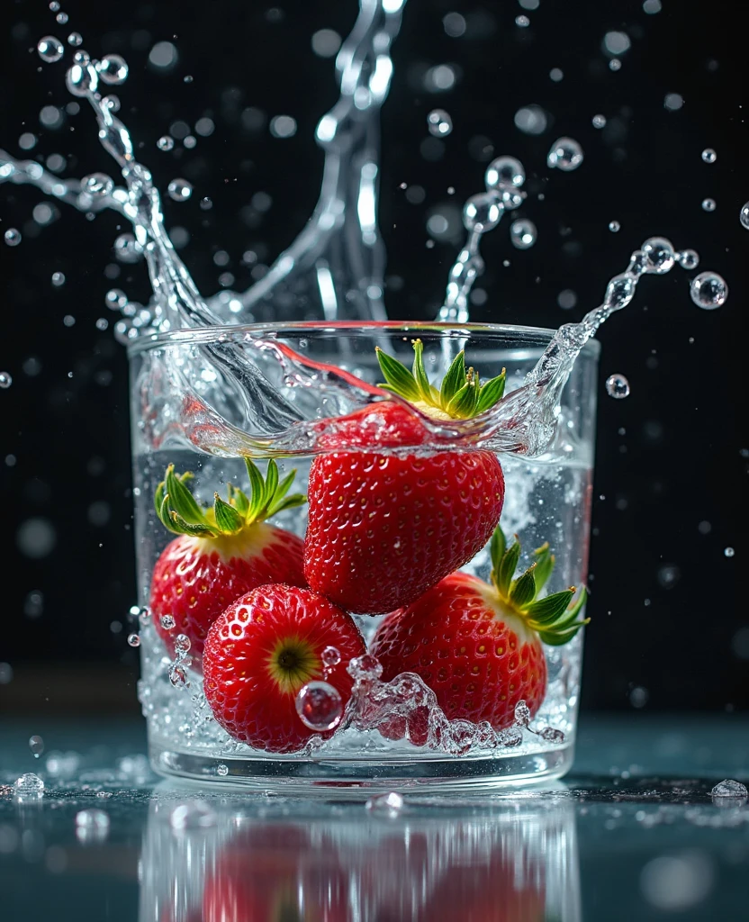 Cinematic RAW Photos，Ultra-realistic photos，Ultra-realistic photos，Digital SLR，Soft lighting，Product photo of five strawberries falling into water、Dripping、Splashing clear liquid、Water flower，Dynamic Composition Star Part) (Highest quality) (be familiar with) (Cinema Lighting) (Sharp focus) (Complex), Master Parts, Highest quality, Ultra-high resolution, 8K Ultra HD