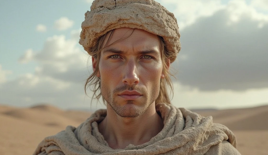 Young handsome cute white skin smooth skinny beautiful face shirtless In the Arena decert dressed in golden Arab clothing with a camel